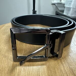 Versace Collection Men's Black Leather Charcoal Silver Buckle Adjustable Belt 42